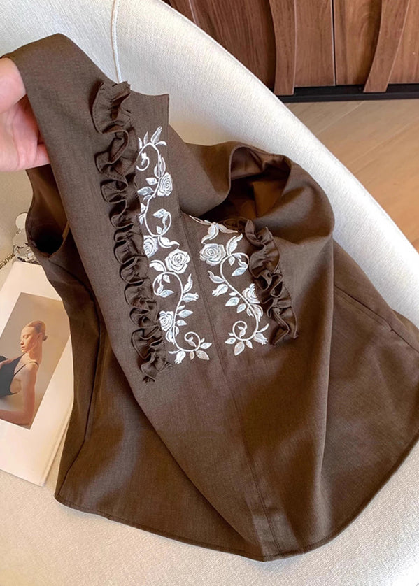Fashion Chocolate Embroideried Ruffled Linen Vests Summer