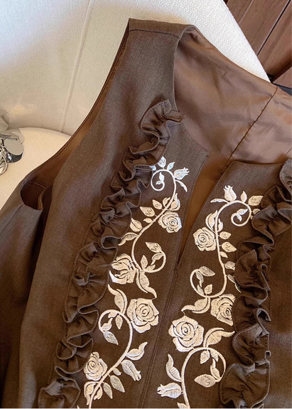 Fashion Chocolate Embroideried Ruffled Linen Vests Summer
