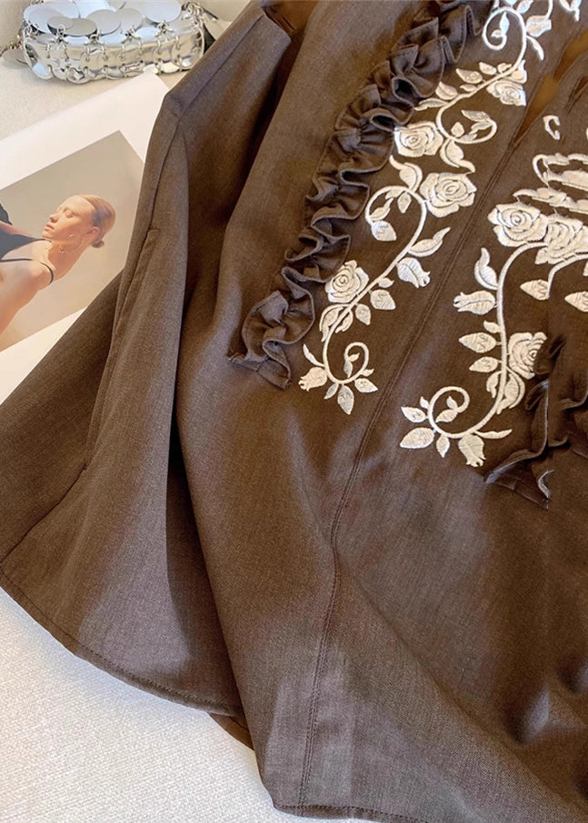 Fashion Chocolate Embroideried Ruffled Linen Vests Summer