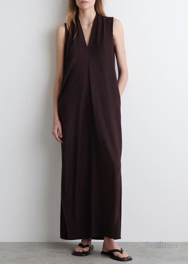 Fashion Chocolate V Neck Cotton Straight Dress Sleeveless