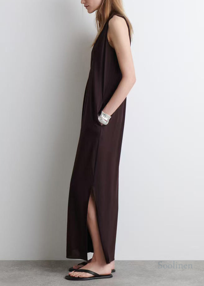 Fashion Chocolate V Neck Cotton Straight Dress Sleeveless