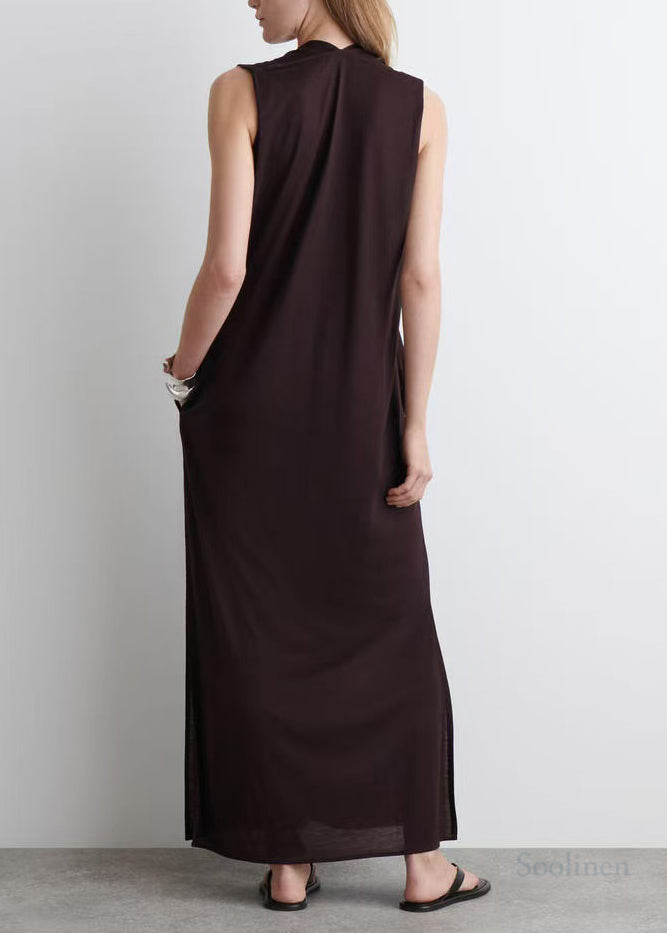 Fashion Chocolate V Neck Cotton Straight Dress Sleeveless