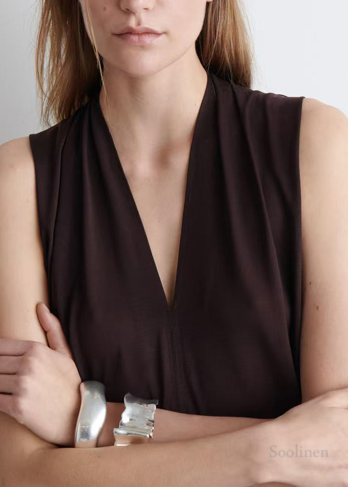 Fashion Chocolate V Neck Cotton Straight Dress Sleeveless
