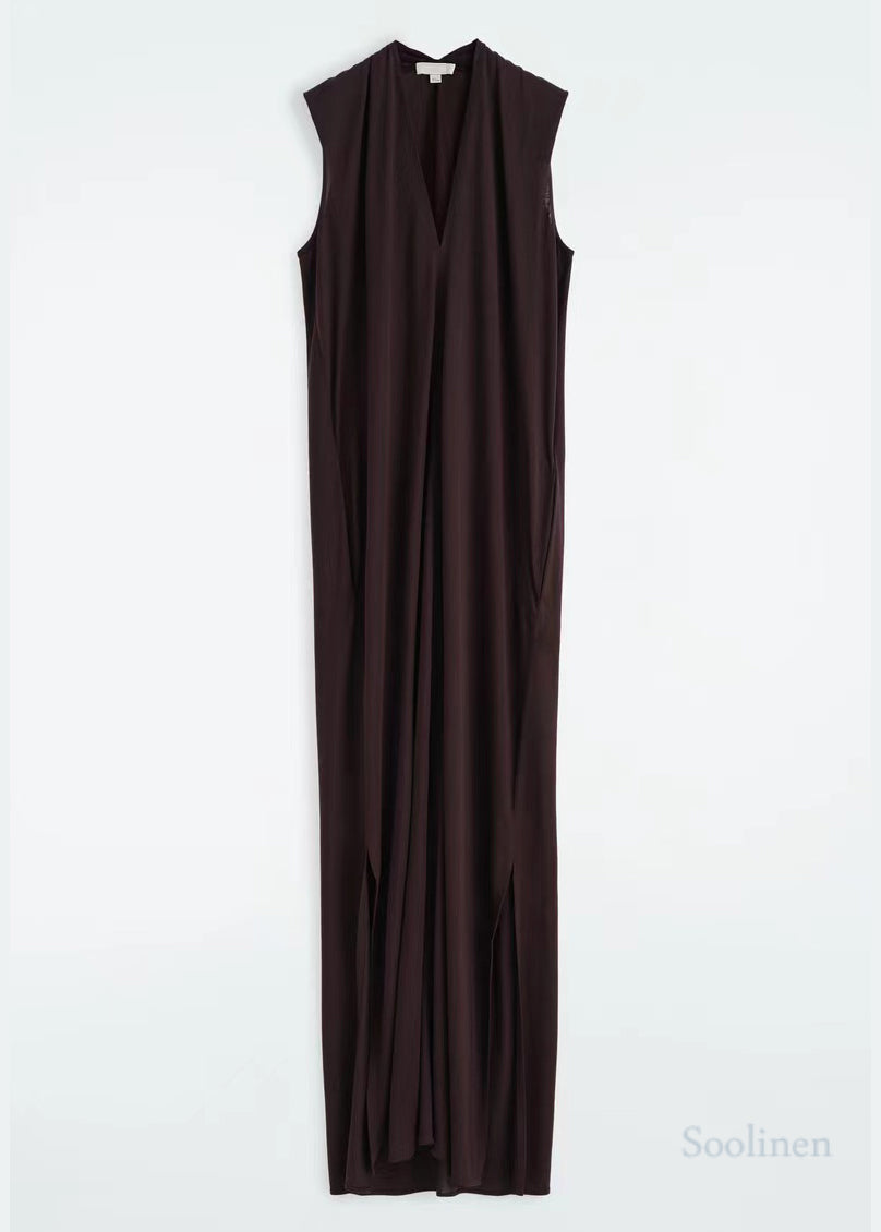Fashion Chocolate V Neck Cotton Straight Dress Sleeveless
