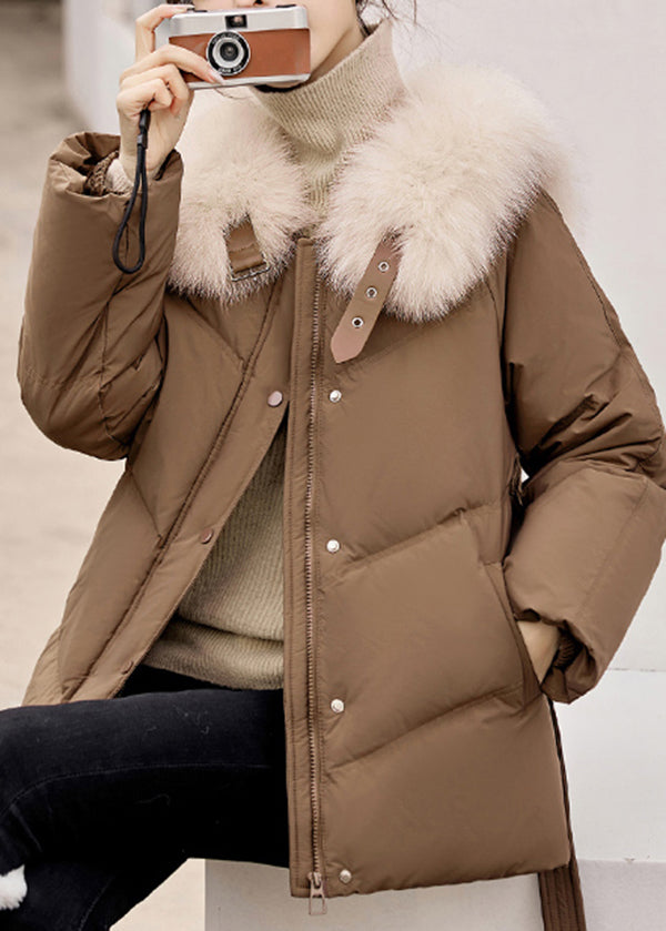 Fashion Coffee Fur Collar Zip Up Duck Down Winter Coats