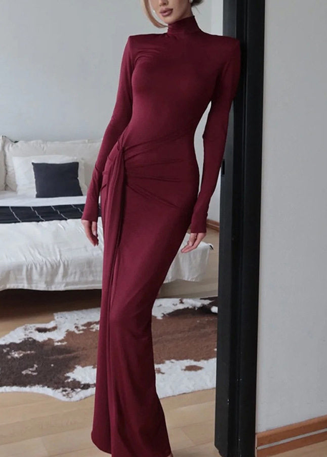 Fashion Coffee Hign Neck Side Open Slim Fit Cotton Dress
