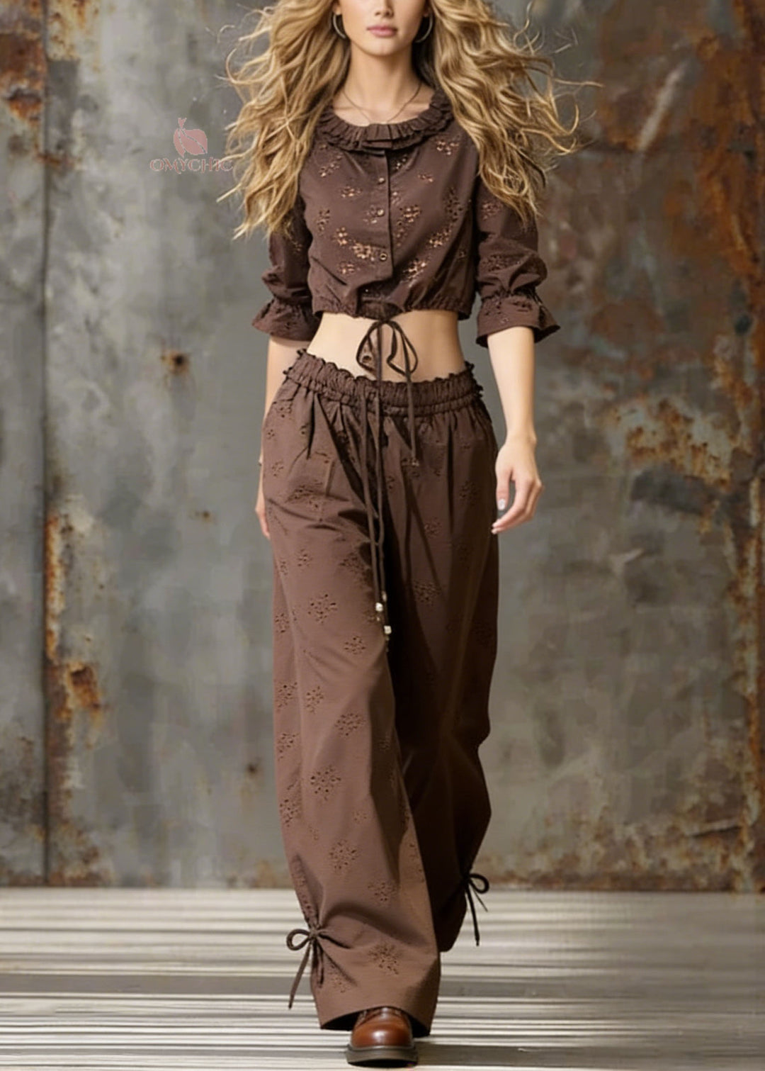 Fashion Coffee Lace Up Ruffled Cotton Two Pieces Set Spring