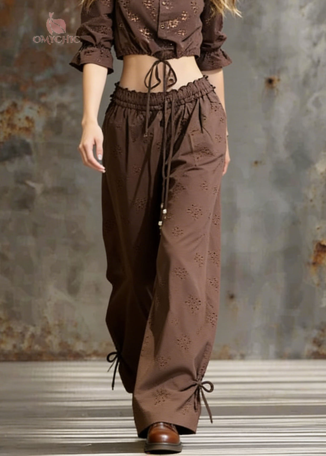 Fashion Coffee Lace Up Ruffled Cotton Two Pieces Set Spring