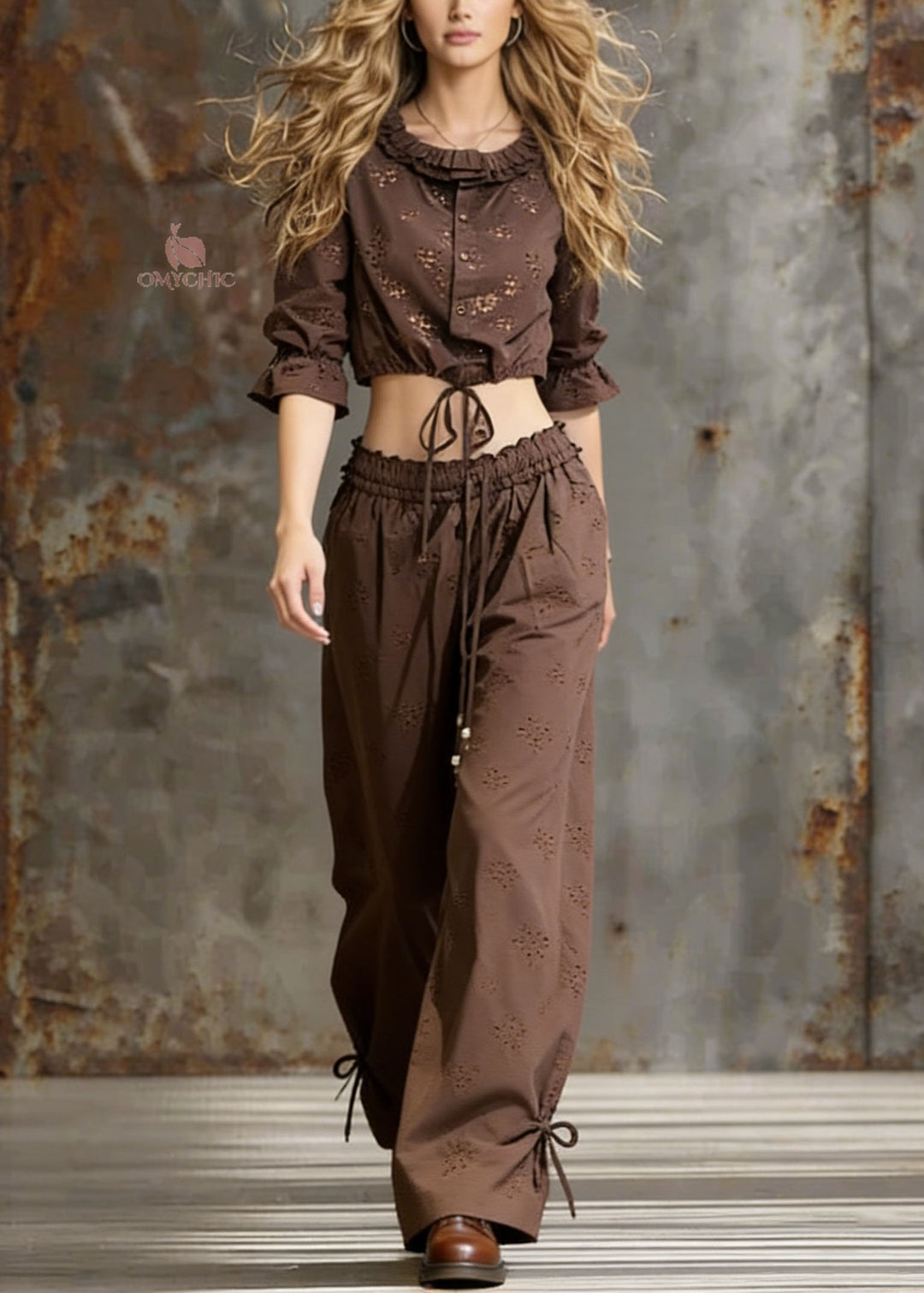 Fashion Coffee Lace Up Ruffled Cotton Two Pieces Set Spring