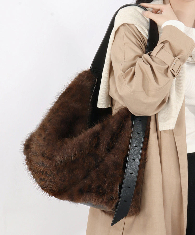 Fashion Coffee Leopard Large Capacity Fuzzy Fur Satchel Bag Handbag