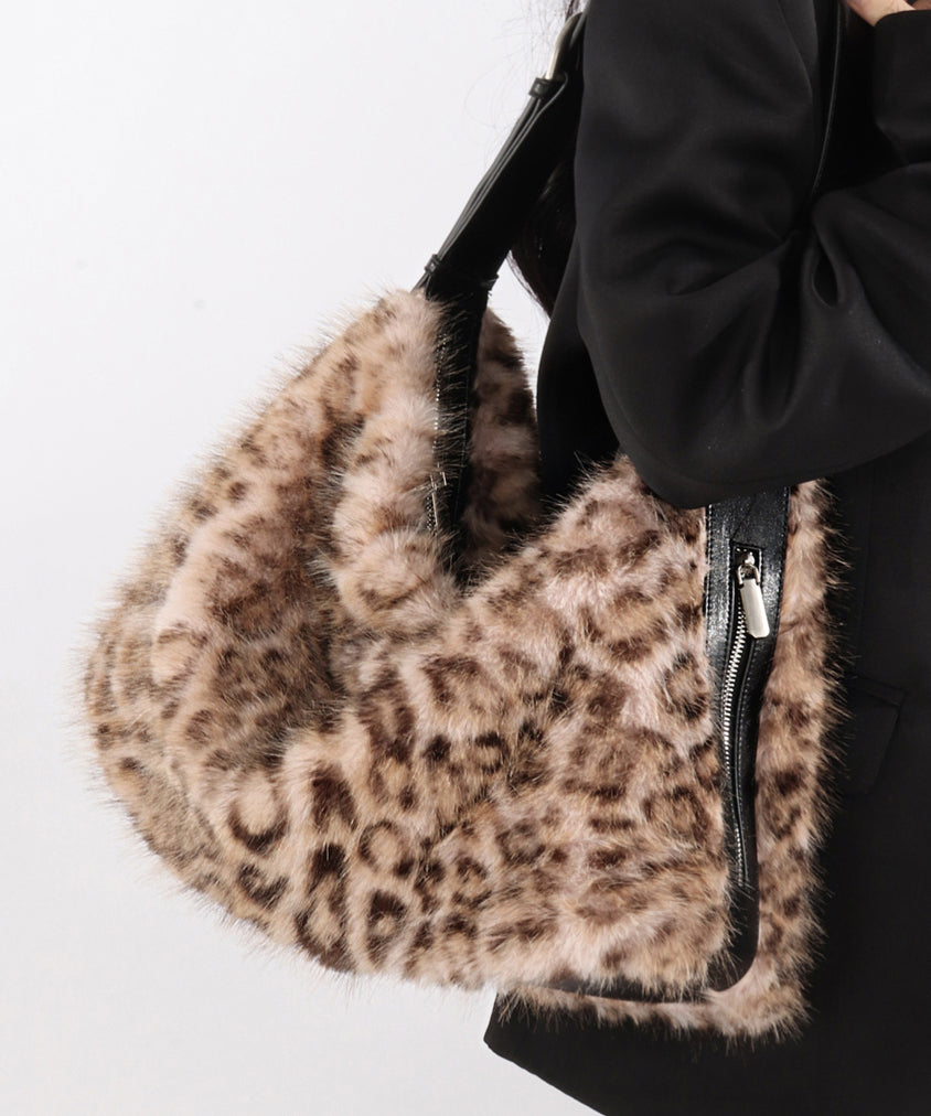 Fashion Coffee Leopard Large Capacity Fuzzy Fur Satchel Bag Handbag