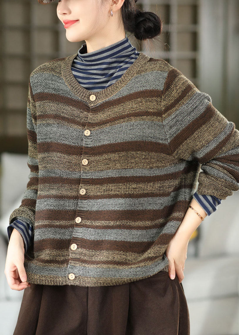 Fashion Coffee O-Neck Striped Knit Loose Coat Winter