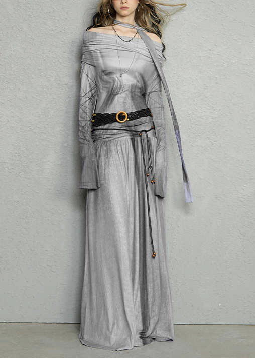 Fashion Coffee Slash Neck Print Wrinkled Knitting Cotton Long Dress Flare Sleeve