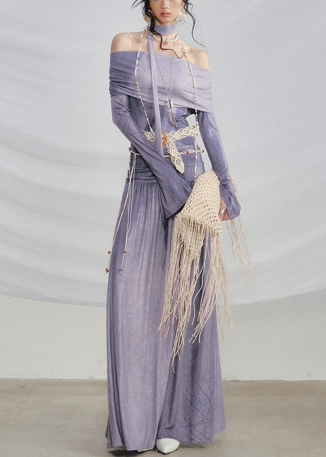 Fashion Coffee Slash Neck Print Wrinkled Knitting Cotton Long Dress Flare Sleeve