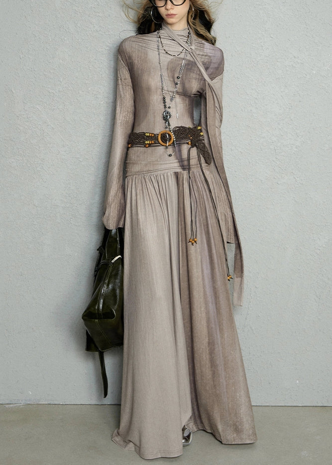 Fashion Coffee Slash Neck Print Wrinkled Knitting Cotton Long Dress Flare Sleeve