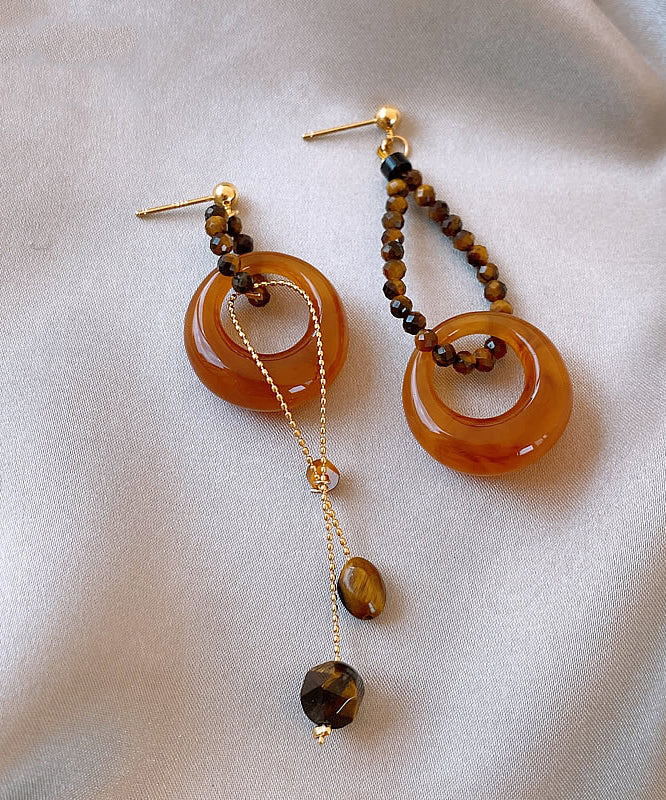 Fashion Coffee Sterling Silver Overgild Asymmetrical Beading Tassel Drop Earrings