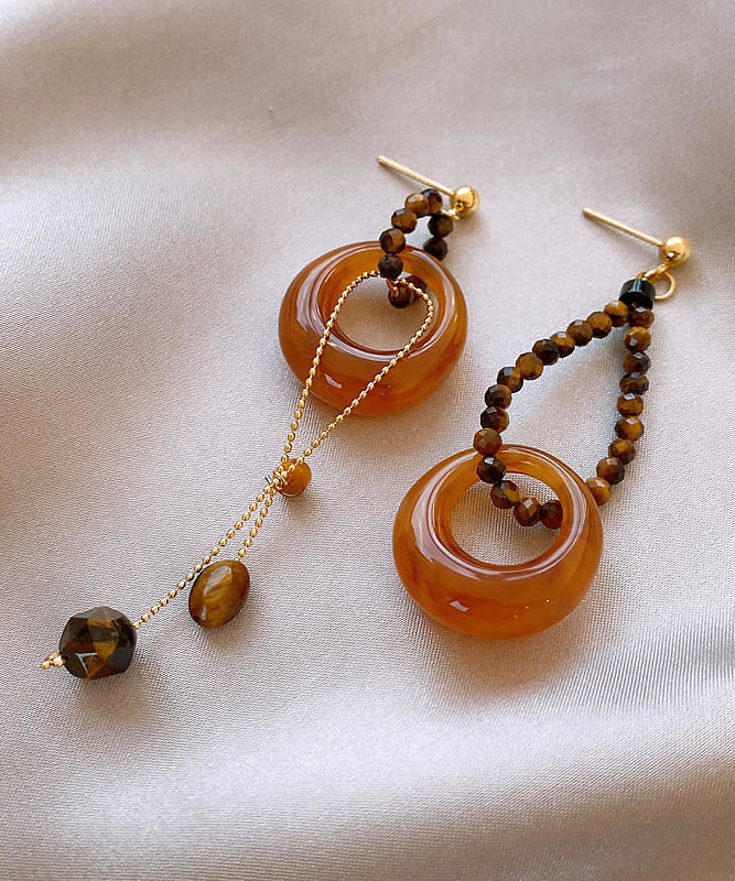 Fashion Coffee Sterling Silver Overgild Asymmetrical Beading Tassel Drop Earrings