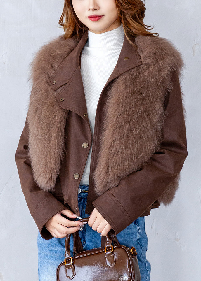 Fashion Coffee V Neck Warm Leather And Fur Waistcoat Winter
