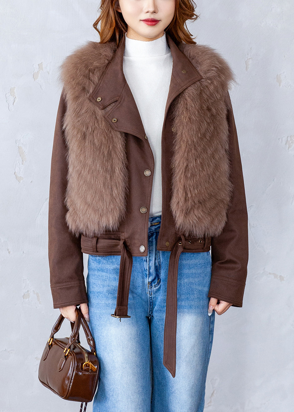 Fashion Coffee V Neck Warm Leather And Fur Waistcoat Winter