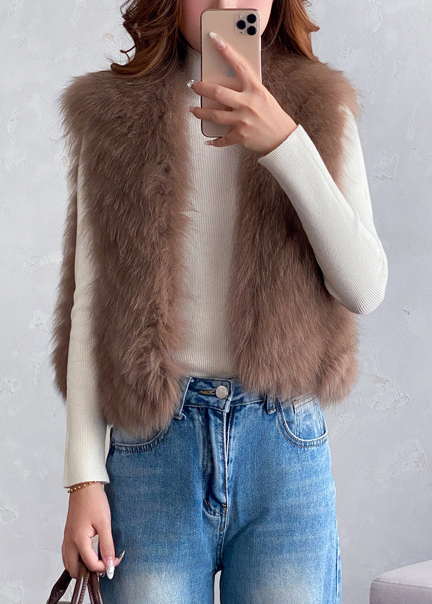Fashion Coffee V Neck Warm Leather And Fur Waistcoat Winter
