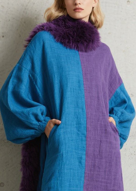 Fashion Colorblock Asymmetrical Patchwork Cotton Maxi Dresses Puff Sleeve