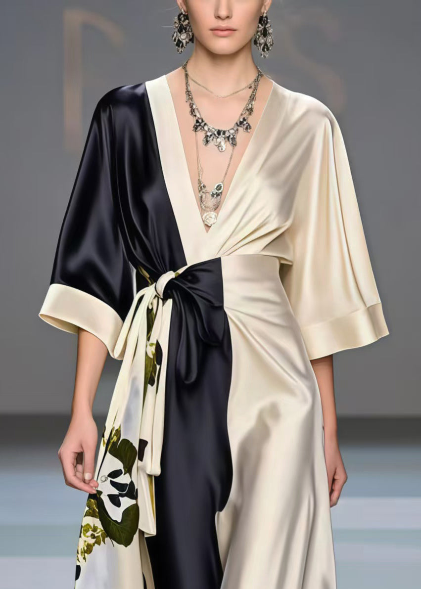 Fashion Colorblock Asymmetrical Patchwork Silk Vacation Dresses Bracelet Sleeve