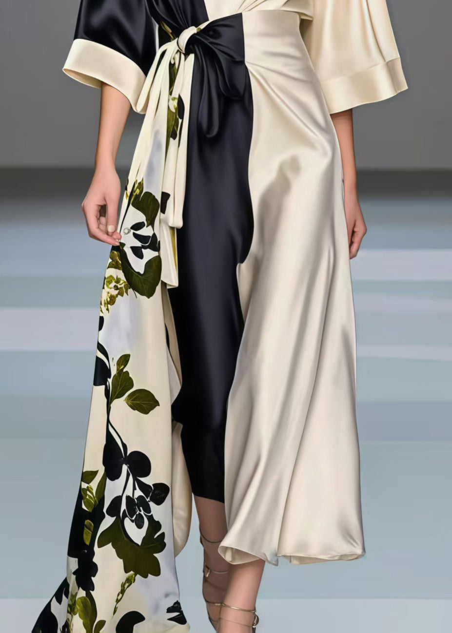 Fashion Colorblock Asymmetrical Patchwork Silk Vacation Dresses Bracelet Sleeve