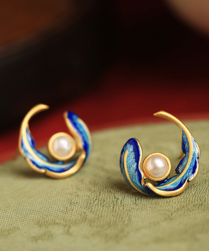 Fashion Colorblock Copper Alloy Pearl Feather Hoop Earrings