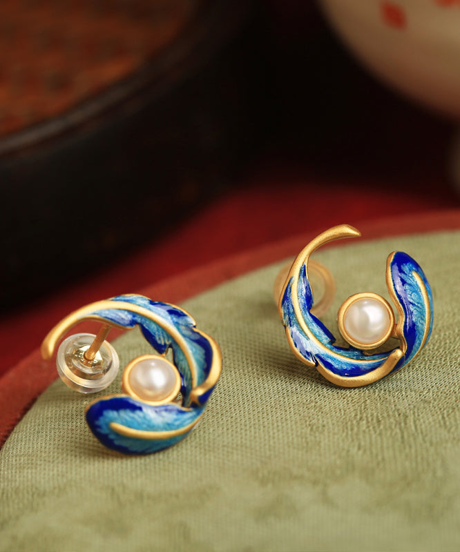Fashion Colorblock Copper Alloy Pearl Feather Hoop Earrings