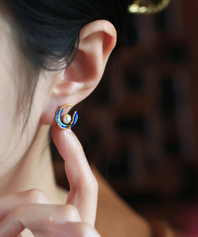 Fashion Colorblock Copper Alloy Pearl Feather Hoop Earrings