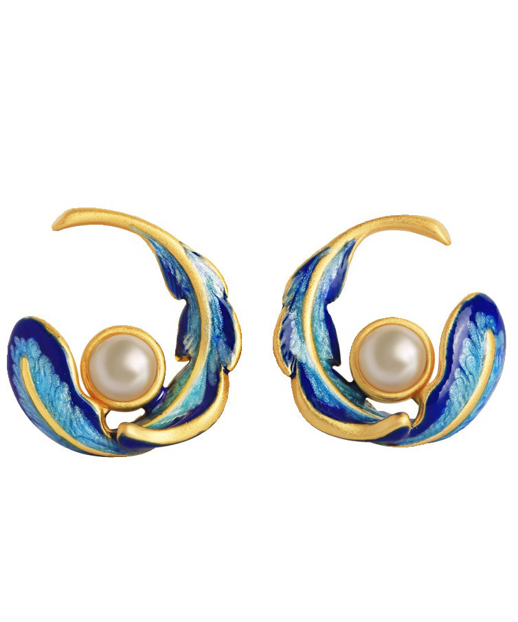 Fashion Colorblock Copper Alloy Pearl Feather Hoop Earrings