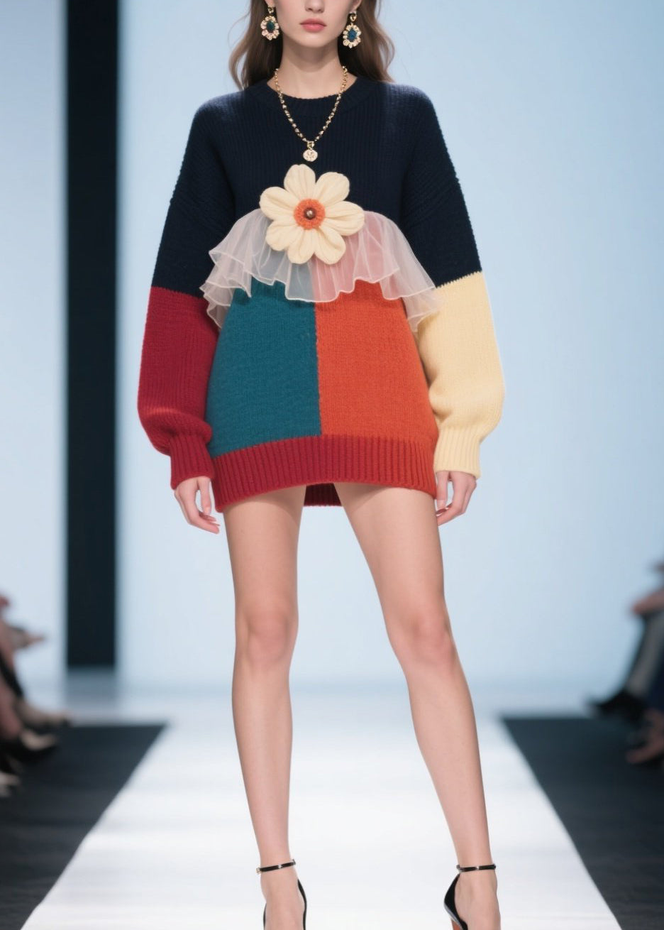 Fashion Colorblock O Neck Floral Tulle Patchwork Knit Pullover Fall