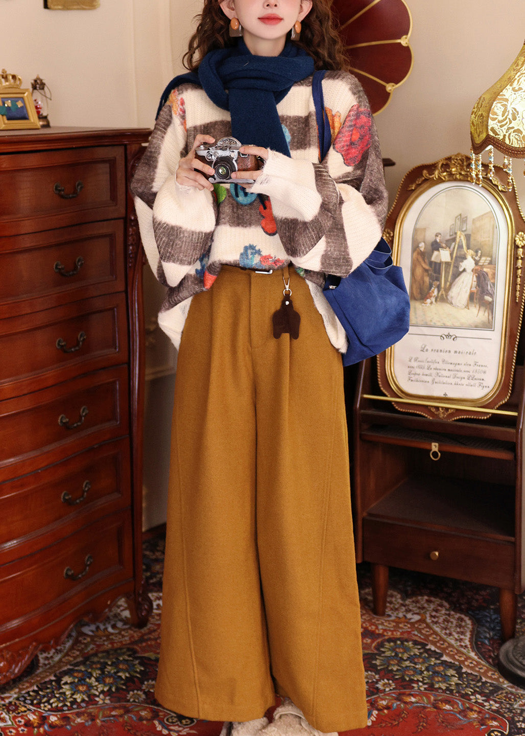 Fashion Colorblock O Neck Print Knit Pullover Batwing Sleeve