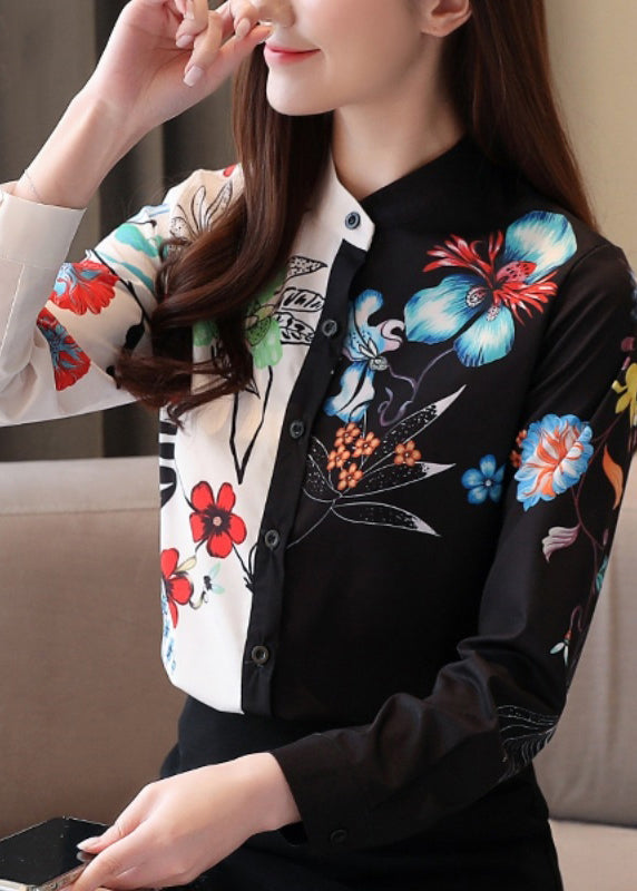 Fashion Colorblock Stand Collar Print Button Chiffon Shirts Long Sleeve