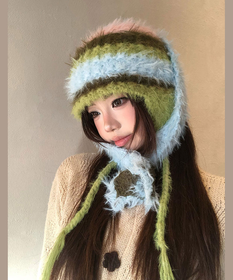 Fashion Colorblock Striped Fur Knit Bonnie Hat