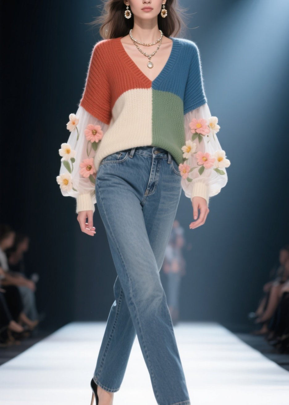 Fashion Colorblock V Neck Floral Patchwork Knit Sweater Fall