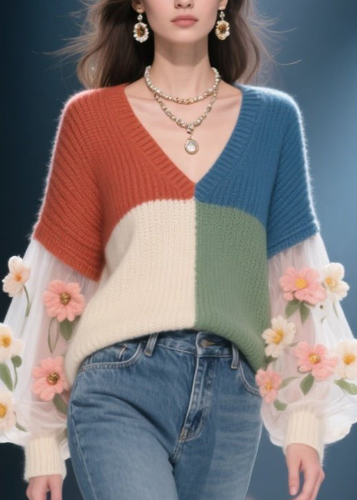 Fashion Colorblock V Neck Floral Patchwork Knit Sweater Fall