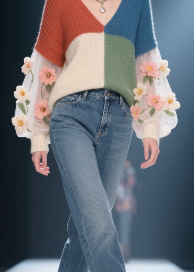 Fashion Colorblock V Neck Floral Patchwork Knit Sweater Fall