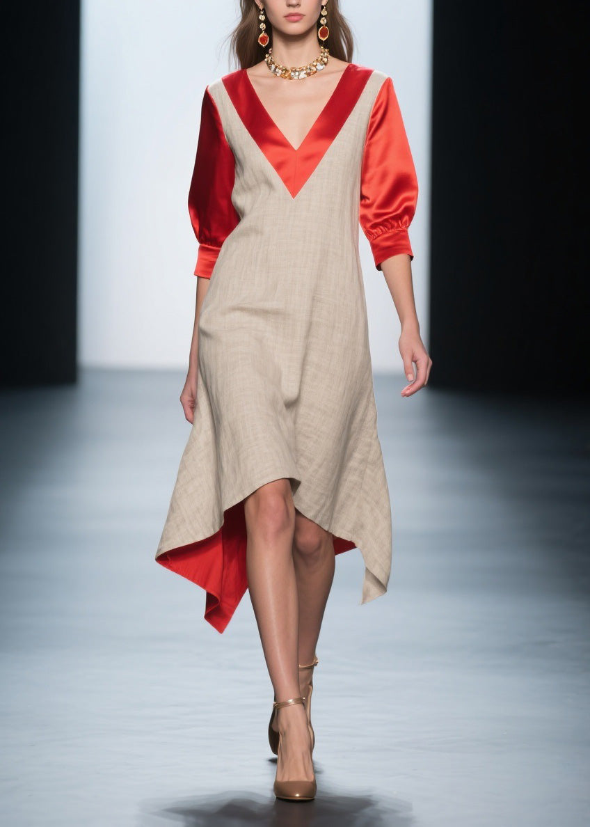 Fashion Colorblock V Neck Patchwork Linen Silk Dresses Summer