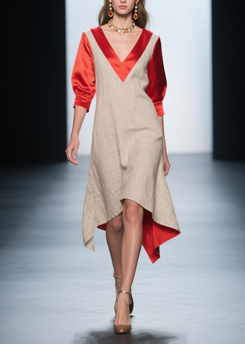 Fashion Colorblock V Neck Patchwork Linen Silk Dresses Summer