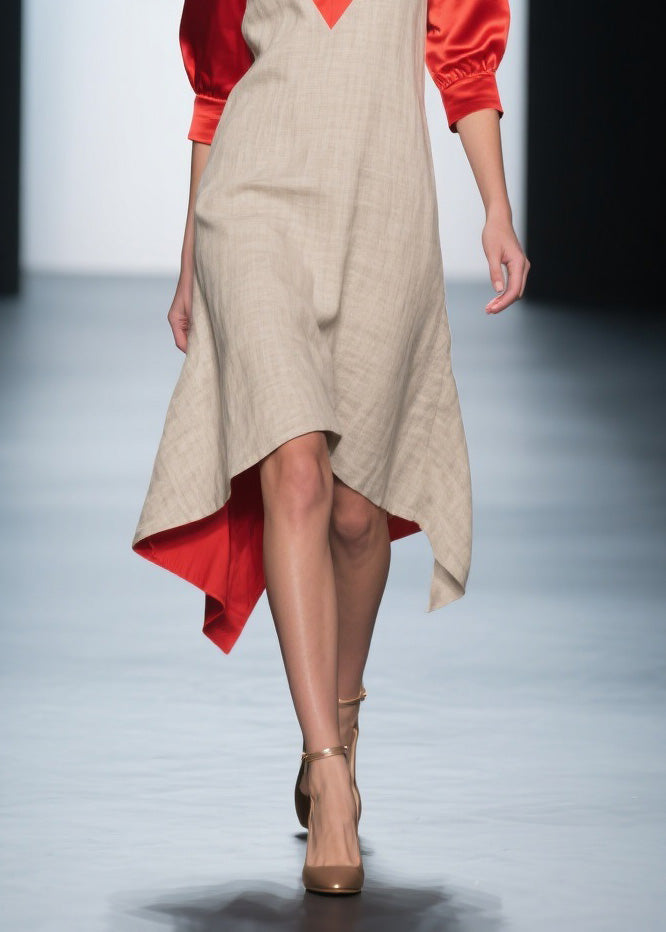 Fashion Colorblock V Neck Patchwork Linen Silk Dresses Summer