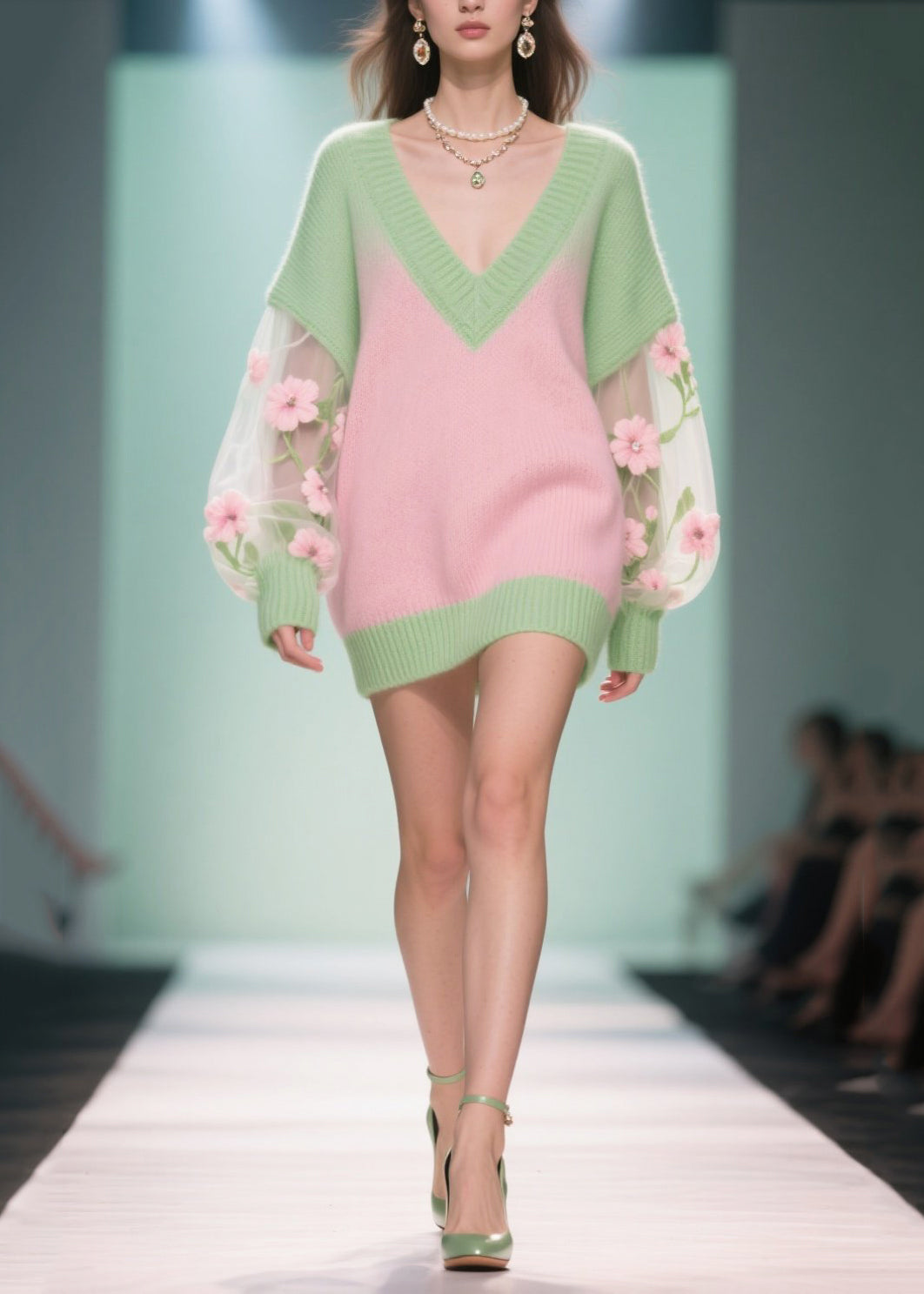 Fashion Colorblock V Neck Patchwork Tulle Long Sweaters Fall