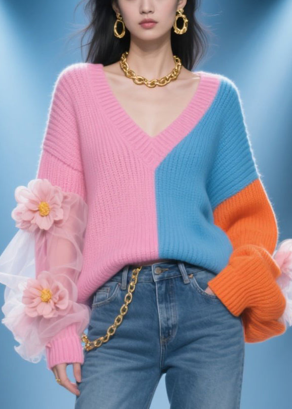Fashion Colorblock V Neck Tulle Floral Patchwork Knit Sweater Fall