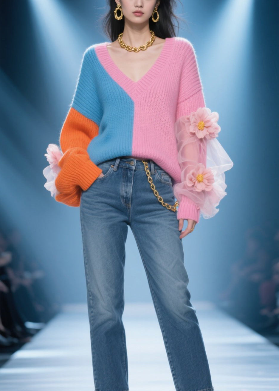 Fashion Colorblock V Neck Tulle Floral Patchwork Knit Sweater Fall