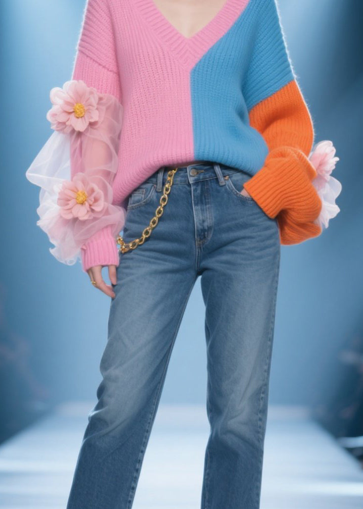 Fashion Colorblock V Neck Tulle Floral Patchwork Knit Sweater Fall