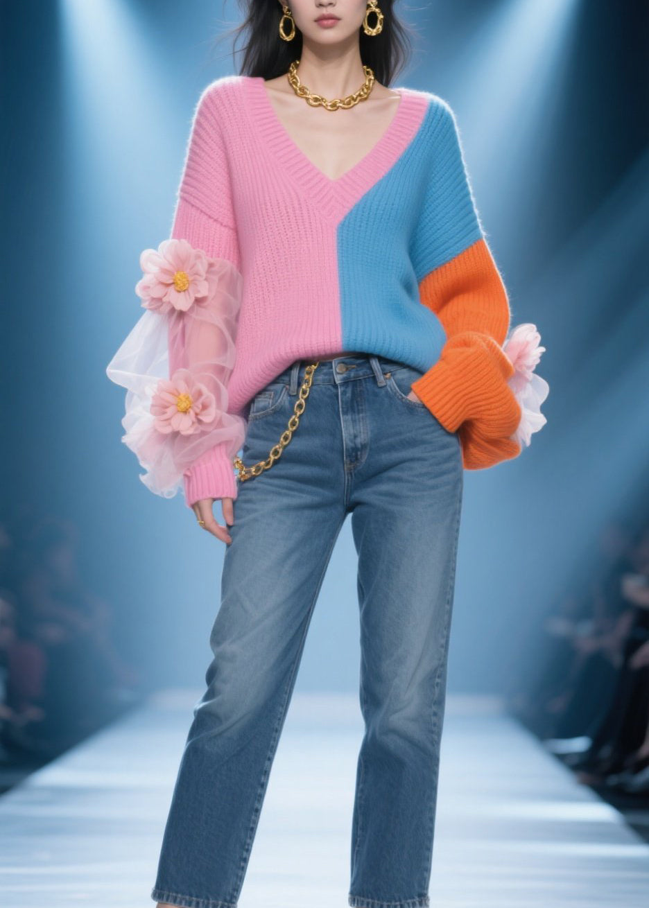 Fashion Colorblock V Neck Tulle Floral Patchwork Knit Sweater Fall