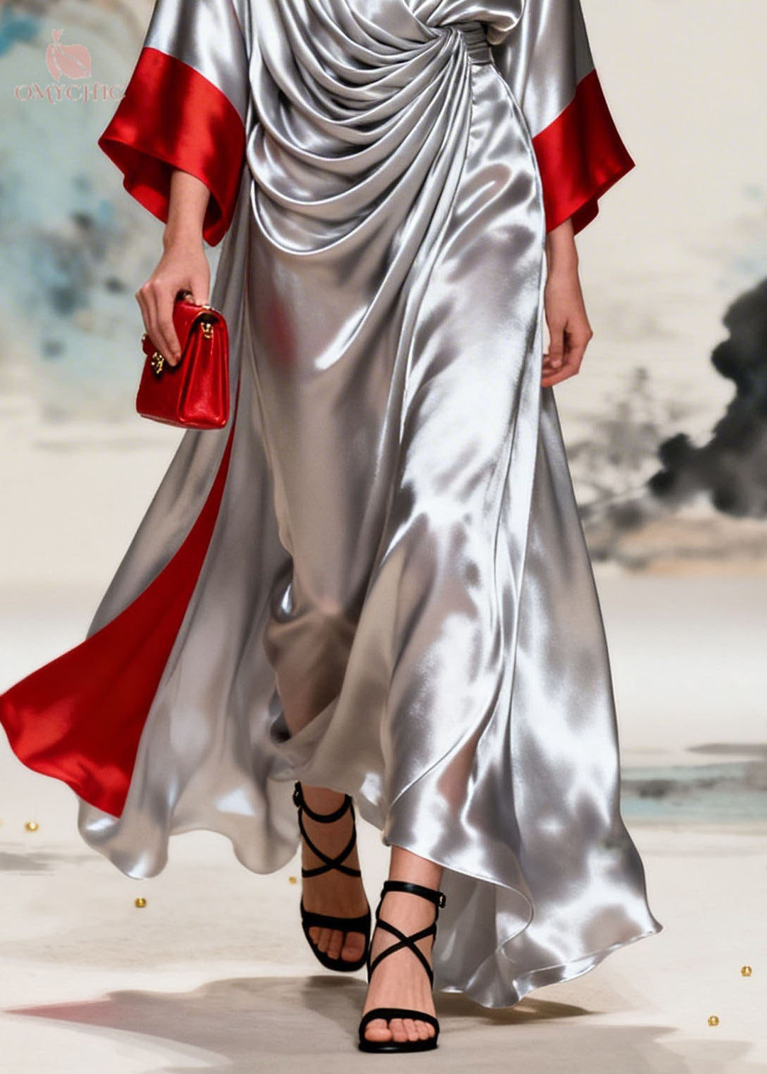 Fashion Colorblock V Neck Wrinkled Patchwork Silk Dress