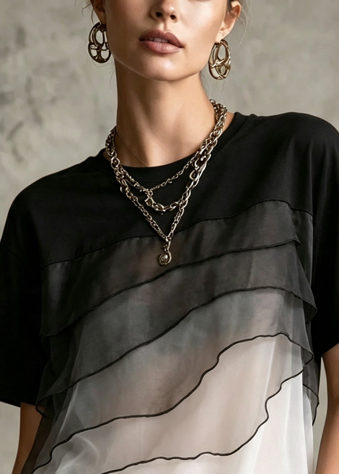 Fashion ColorblockC Oversized Patchwork Tulle Shirt Top Summer
