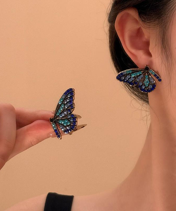 Fashion Dark Blue Sterling Silver Overgild Butterfly Stud Earrings