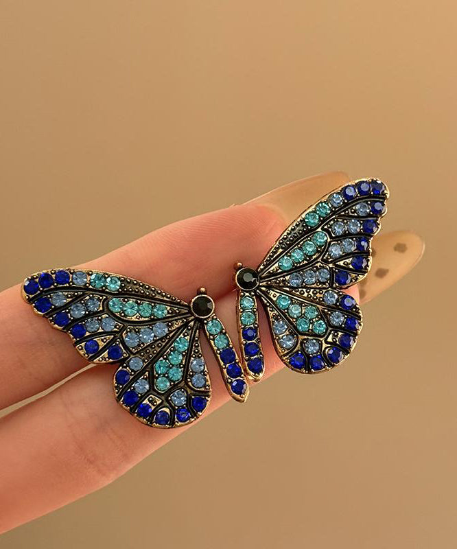 Fashion Dark Blue Sterling Silver Overgild Butterfly Stud Earrings